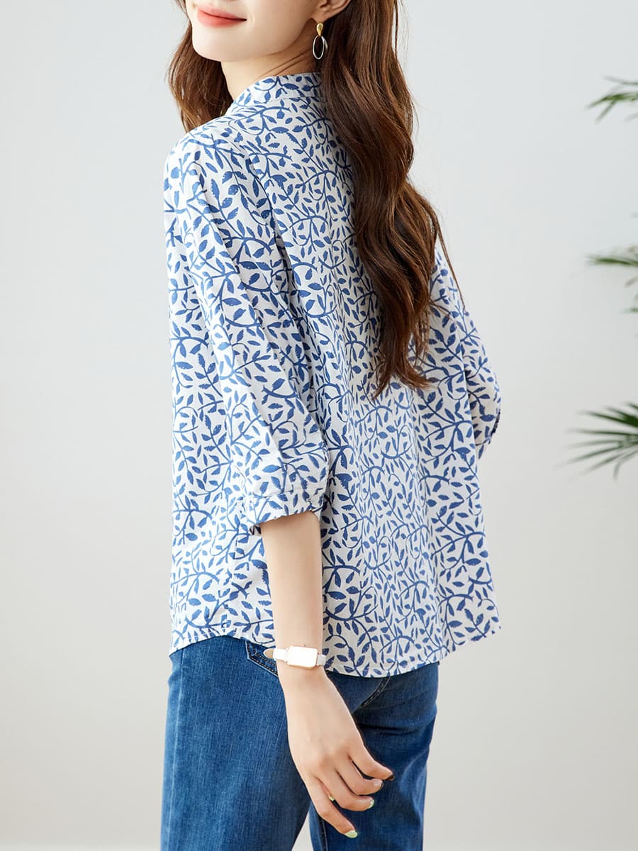 柄シャツ 柄シャツ 葉模様のスタンドカラーブラウス