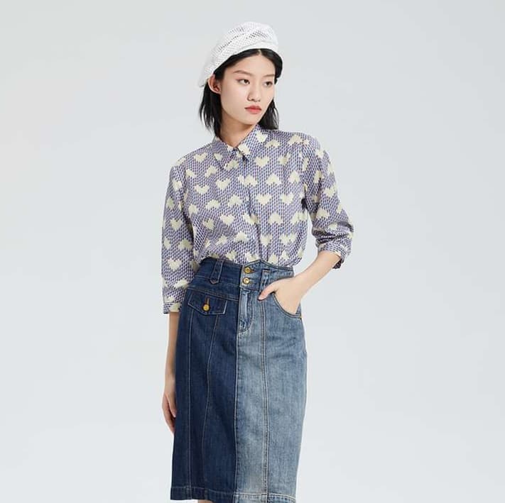 総柄シャツ ハート模様リネン混チュニックシャツ
