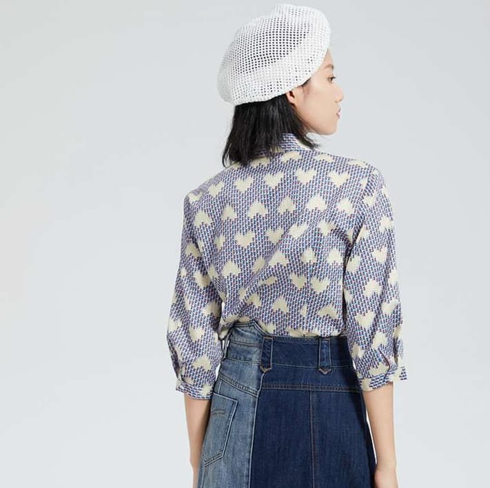 総柄シャツ ハート模様リネン混チュニックシャツ