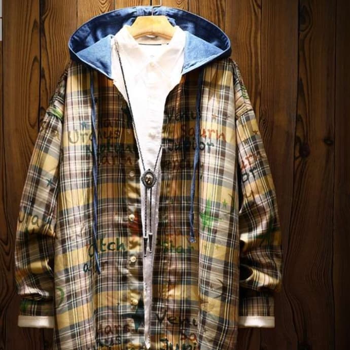 チェック柄シャツ　メッセージグラフィティ フード付きチェック柄シャツ
