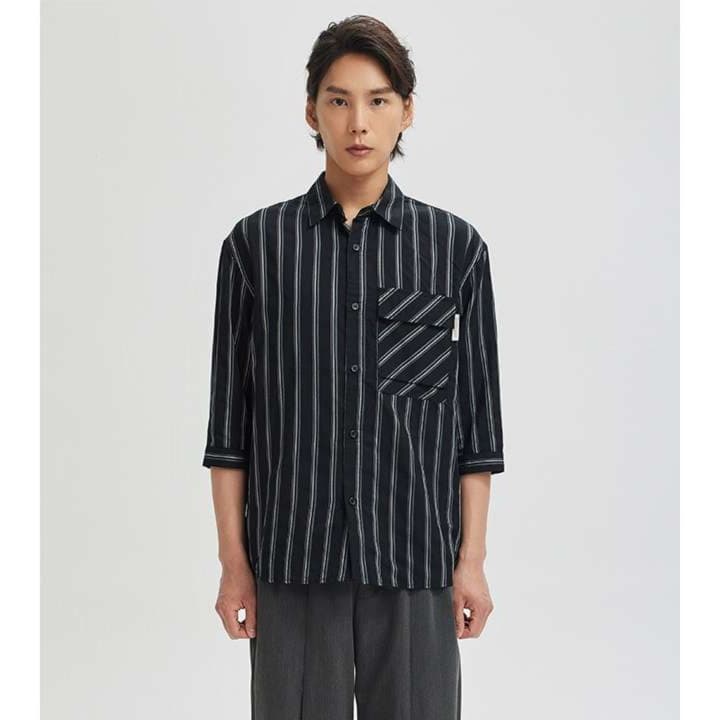 黒柄シャツ ストライプ柄七分袖オーバーサイズシャツ
