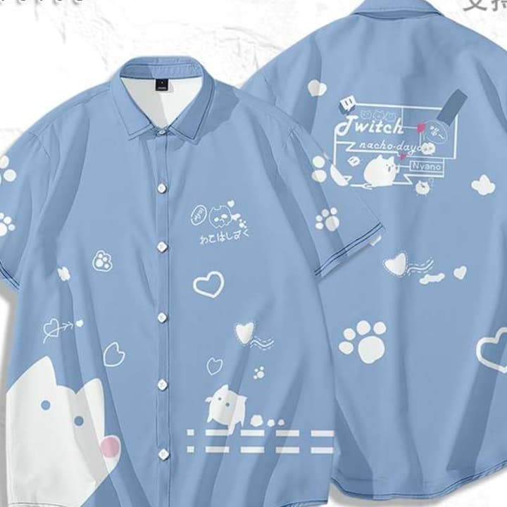 猫柄シャツ　愛らしい肉球とハートの遊び心猫柄シャツ