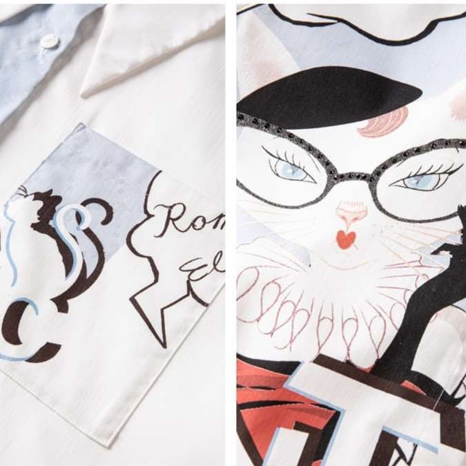 猫柄シャツ　メガネ猫イラストの遊び心溢れる柄シャツ