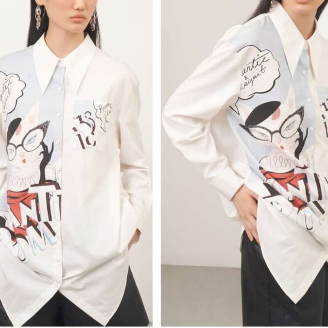 猫柄シャツ　メガネ猫イラストの遊び心溢れる柄シャツ