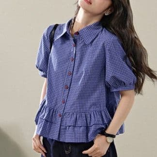 柄シャツ 柄シャツ 格子模様の裾フリルペプラムシャツ