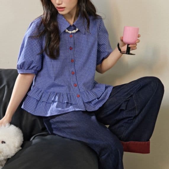 柄シャツ 柄シャツ 格子模様の裾フリルペプラムシャツ