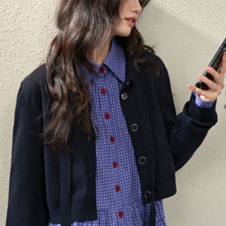 柄シャツ 柄シャツ 格子模様の裾フリルペプラムシャツ