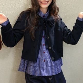 柄シャツ 柄シャツ 格子模様の裾フリルペプラムシャツ