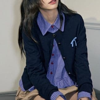 柄シャツ 柄シャツ 格子模様の裾フリルペプラムシャツ