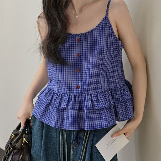 柄シャツ 柄シャツ 格子模様の裾フリルペプラムシャツ