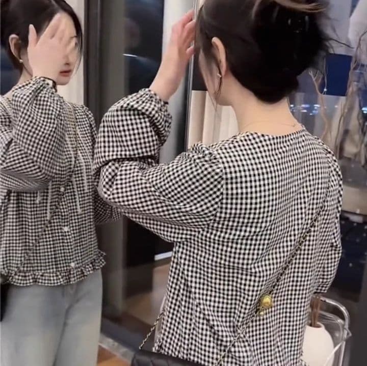 柄シャツ 柄シャツ 格子模様フリルトップス