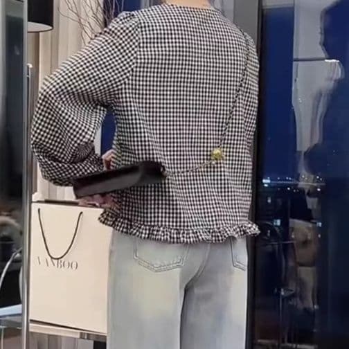 柄シャツ 柄シャツ 格子模様フリルトップス