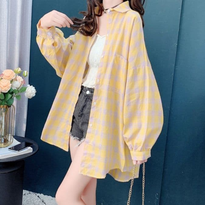 柄シャツ 爽やかオーバーサイズチェック柄シャツ