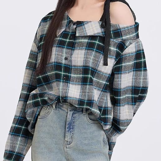 柄シャツ 柄シャツ 肩リボン非対称チェックシャツ