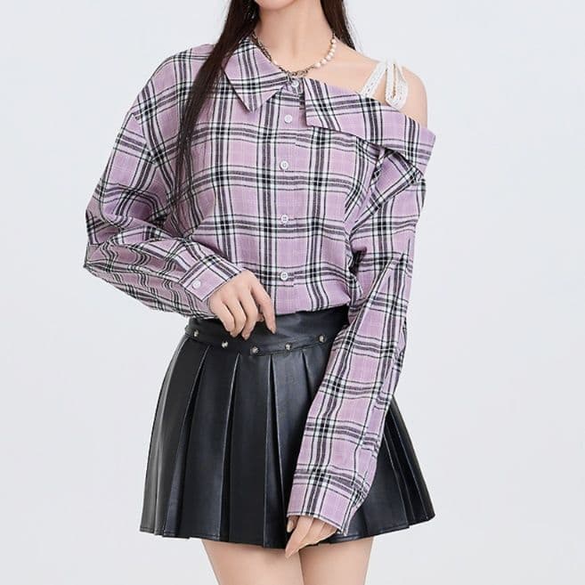 柄シャツ 柄シャツ 肩リボン非対称チェックシャツ