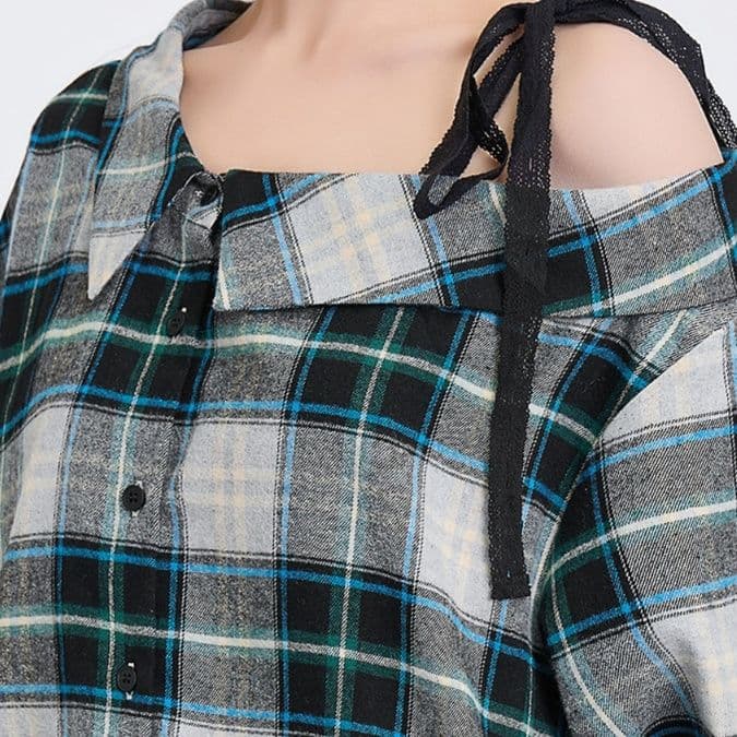 柄シャツ 柄シャツ 肩リボン非対称チェックシャツ
