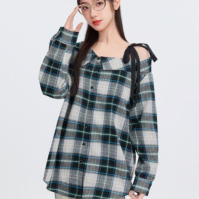 柄シャツ 柄シャツ 肩リボン非対称チェックシャツ
