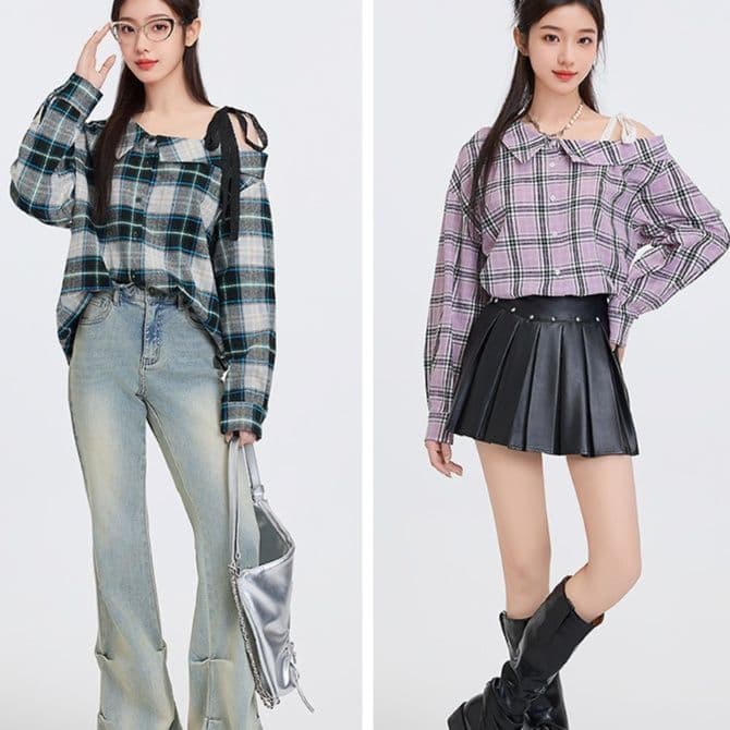 柄シャツ 柄シャツ 肩リボン非対称チェックシャツ