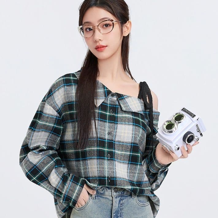 柄シャツ 柄シャツ 肩リボン非対称チェックシャツ