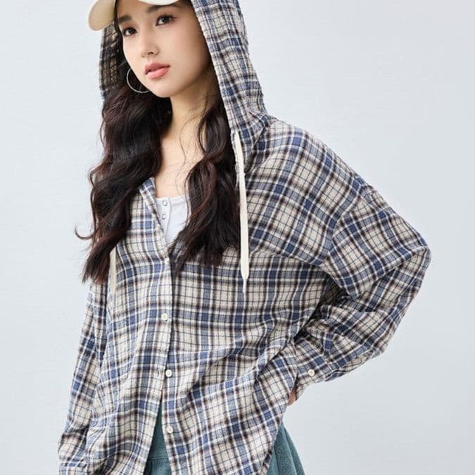 柄シャツ フード付きチェック柄シャツ