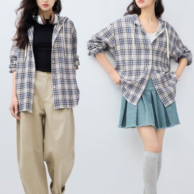 柄シャツ フード付きチェック柄シャツ