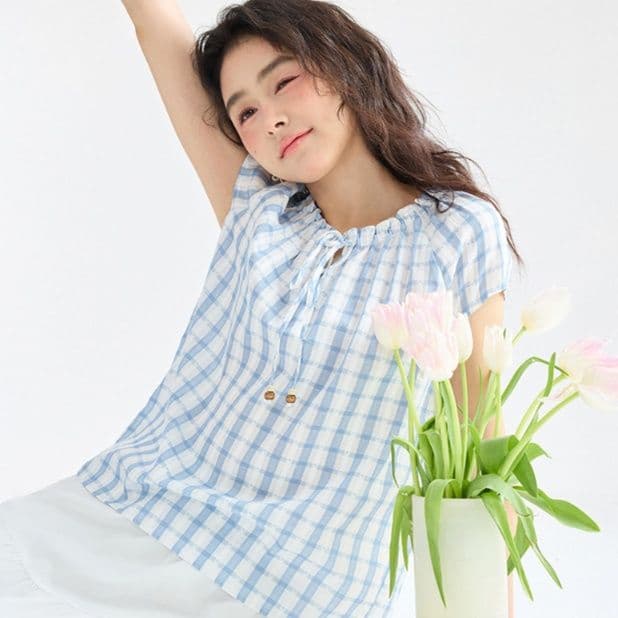 柄シャツ 柄シャツ 優美チェック柄ギャザーフレンチブラウス
