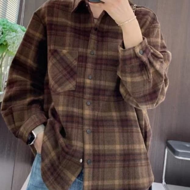 柄シャツ 柄シャツ 秋の恋人 ウール調格子模様シャツ