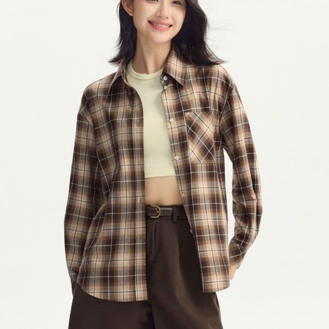 柄シャツ レトロ格子模様 ゆったりシャツ