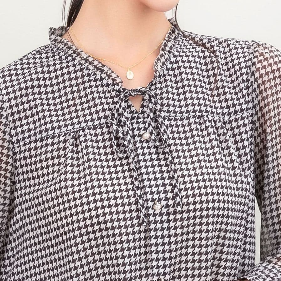 柄シャツ 淑やか千鳥格子リボンブラウス