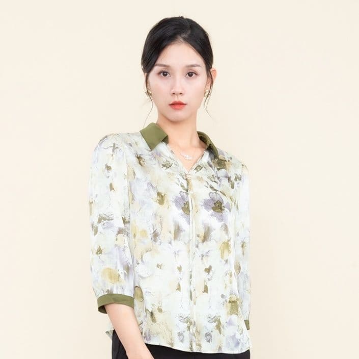 柄シャツ 柄シャツ 優雅な水彩画風花柄七分袖シャツ