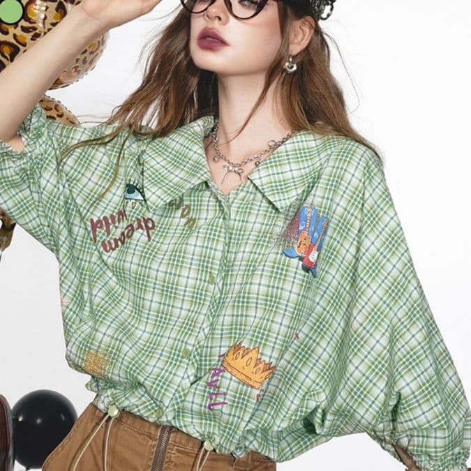 柄シャツ 柄シャツ 刺繍入り七分袖チェックブラウス