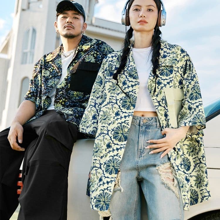 柄シャツ 柄シャツ 伝統花模様 ゆったりシャツ