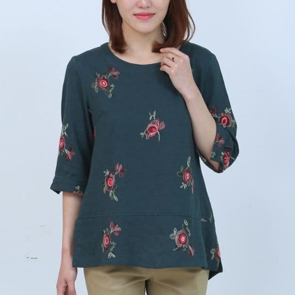 柄シャツ 柄シャツ 優美な薔薇刺繍七分袖トップス