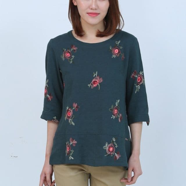 柄シャツ 柄シャツ 優美な薔薇刺繍七分袖トップス