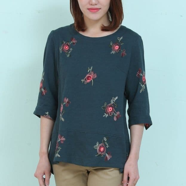 柄シャツ 柄シャツ 優美な薔薇刺繍七分袖トップス