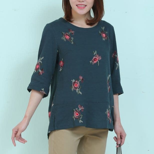 柄シャツ 柄シャツ 優美な薔薇刺繍七分袖トップス