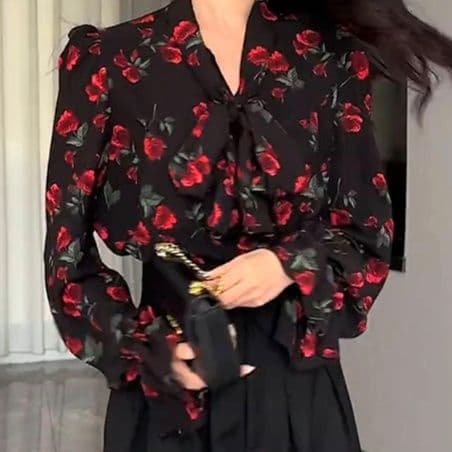 柄シャツ 柄シャツ 優美な薔薇模様フリルブラウス