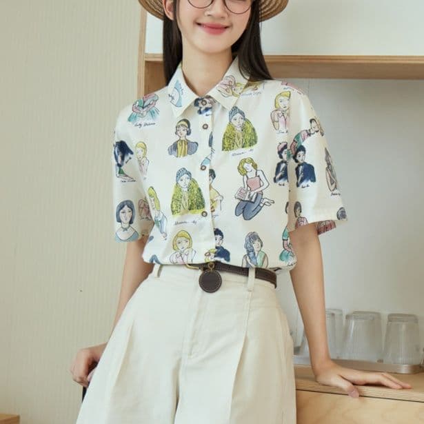 柄シャツ 乙女イラスト短袖総柄シャツ