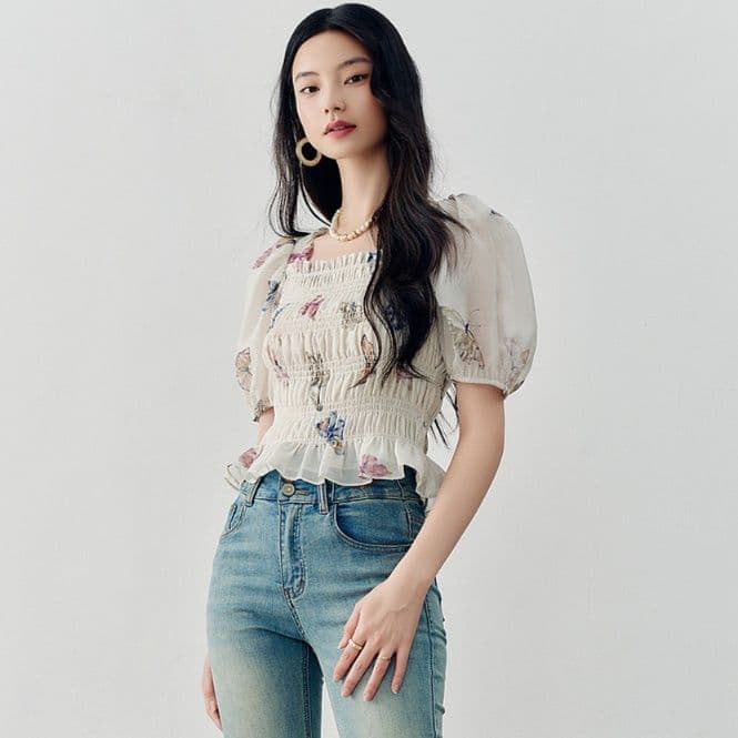柄シャツ 柄シャツ 蝶々舞う夢見るシャーリングブラウス