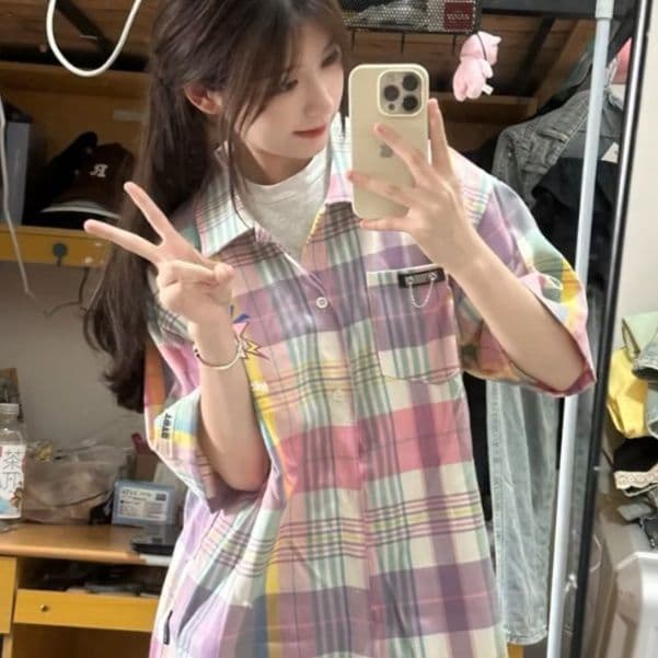 柄シャツ 柄シャツ 星空パステルチェック半袖シャツ