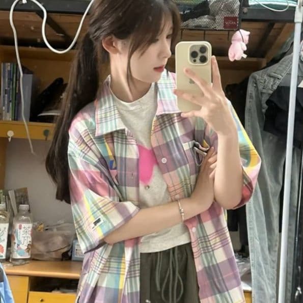 柄シャツ 柄シャツ 星空パステルチェック半袖シャツ