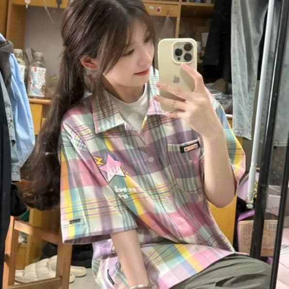 柄シャツ 柄シャツ 星空パステルチェック半袖シャツ