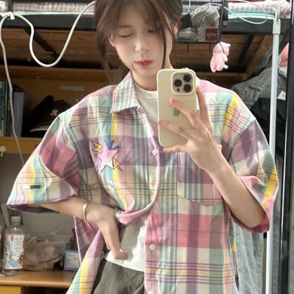 柄シャツ 柄シャツ 星空パステルチェック半袖シャツ