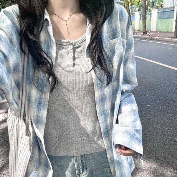 柄シャツ 柄シャツ 爽やか格子模様ゆったりシャツ