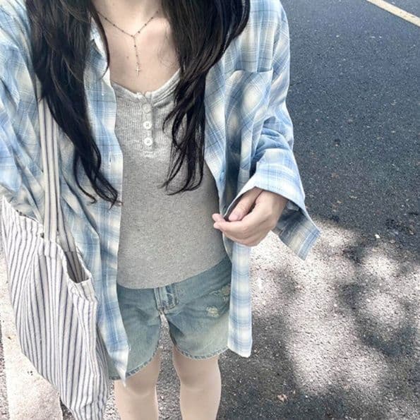 柄シャツ 柄シャツ 爽やか格子模様ゆったりシャツ