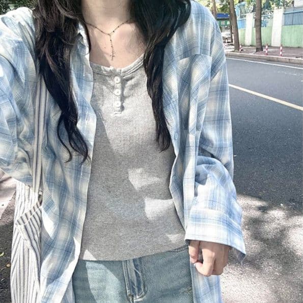 柄シャツ 柄シャツ 爽やか格子模様ゆったりシャツ