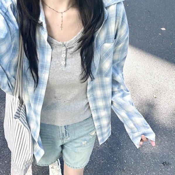 柄シャツ 柄シャツ 爽やか格子模様ゆったりシャツ