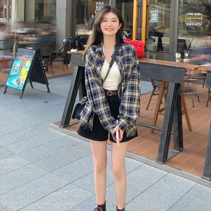 柄シャツ 柄シャツ クラシック格子模様ゆったりシャツ