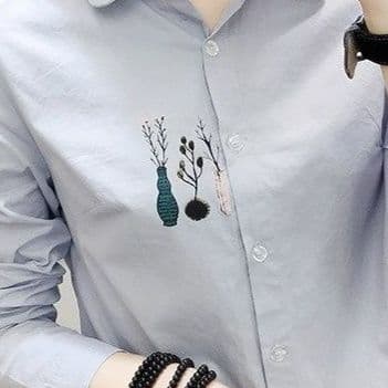 柄シャツ 花瓶刺繍入り上品シャツ
