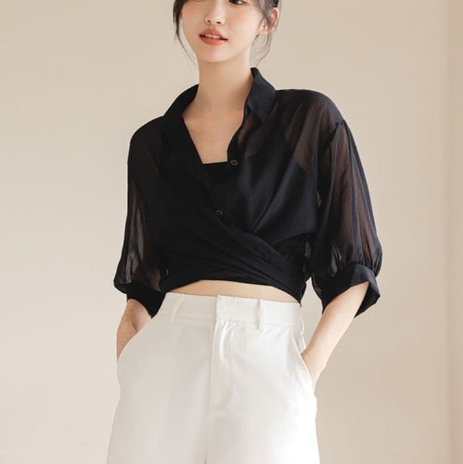 柄シャツ 透かし織り前結びショートシャツ